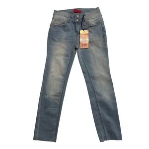 Wax Jeans Denim Blue Juniors Skinny Jeans Frayed Hem Double Button Size 7